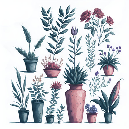 Set of hand drawn flowers and plants in pots. Vector illustration.の写真素材