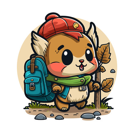 Cute Cartoon Fox Character with Backpack. Vector Illustration on White Background.のイラスト素材