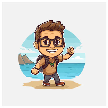 Cute cartoon boy with backpack on the beach. Vector illustration.のイラスト素材