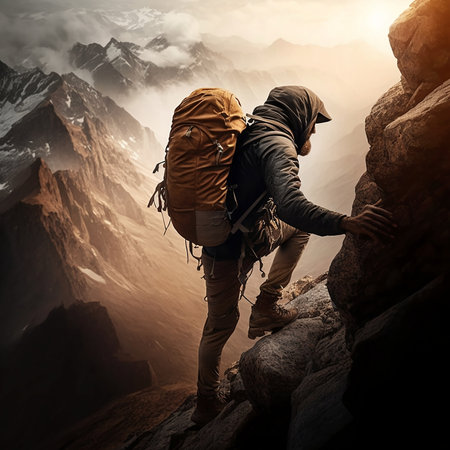 Hiker in the Himalayan mountains. Trekking and climbing concept.の写真素材