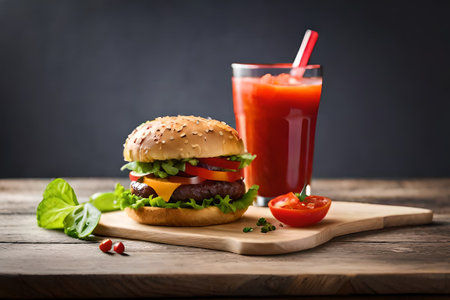 Homemade hamburger with fresh vegetables and tomato juice on wooden backgroundの写真素材