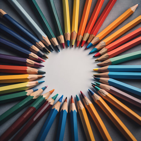 Colored pencils in a circle on a gray background, top view