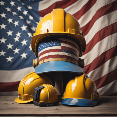 Helmet and hardhat on the background of the American flag.