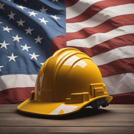 Hard hat and American flag on wooden background. Labor Day