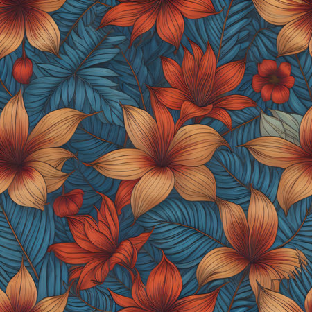 Seamless pattern with tropical flowers and leaves. Vector illustration.の写真素材