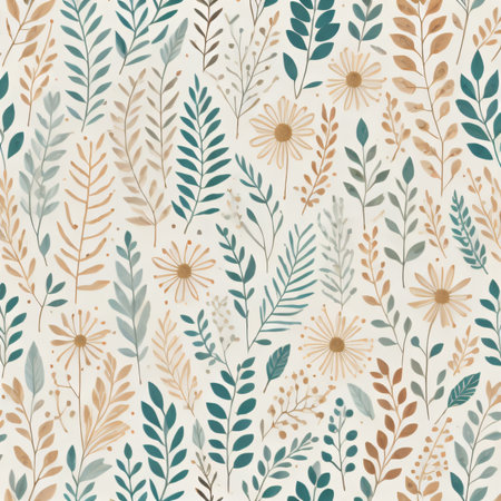Seamless pattern with hand drawn flowers and leaves. Vector illustration.の写真素材