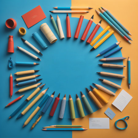 Top view of colorful pencils and stationery on blue background.の写真素材