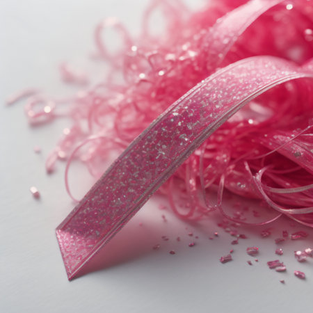 Pink ribbon and confetti on white background. Shallow dof.の写真素材