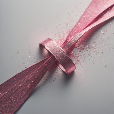 Shiny pink ribbon on grey background. Festive backgroundの写真素材