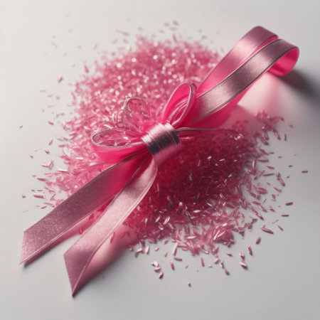Pink ribbon and confetti on a white background, close-upの写真素材