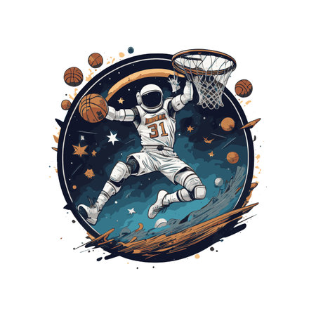 Astronaut playing volleyball in the sky. Vector illustration. Vintage styleのイラスト素材