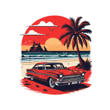 Retro car on the beach at sunset. Hand drawn vector illustration.のイラスト素材