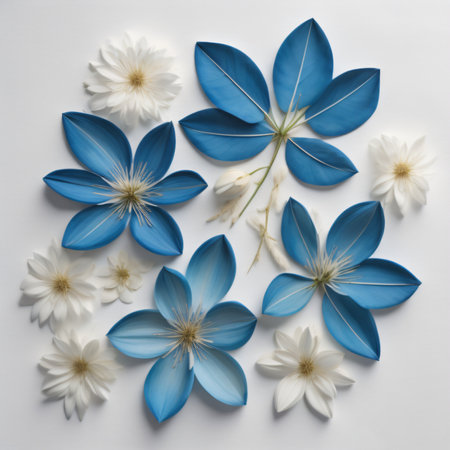 Beautiful blue flowers on white background, top view. Floral designの写真素材