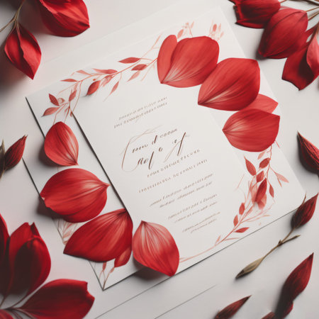Wedding invitation card with red petals on white background.