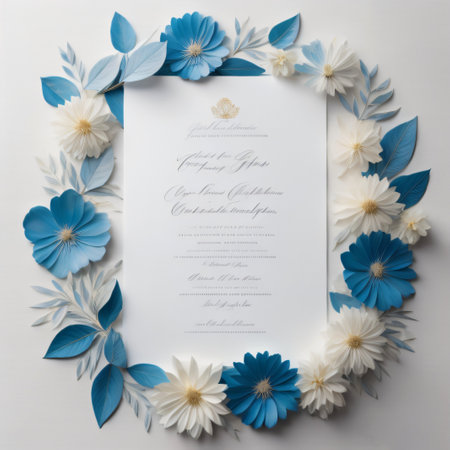 Wedding invitation card with paper flowers and space for your textの写真素材