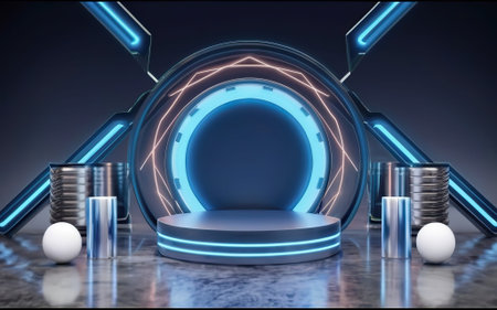3d render, abstract minimal display podium, geometric shapes, blue background