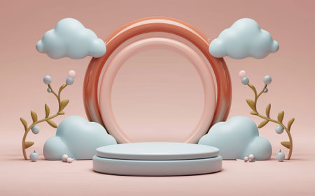 3d render, abstract minimal scene with round podium and clouds.