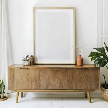 interior with mock-up photo frames with beautiful plants in different hipster and design pots, poster frame mockup with a green plant on a wooden table, white wall background,の写真素材