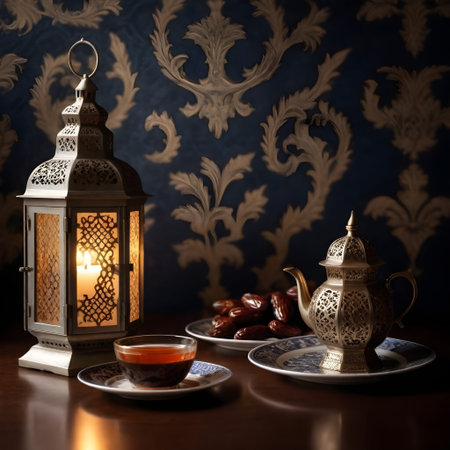 Selective focus Ramadan Kareem background featuring dates and lanterns