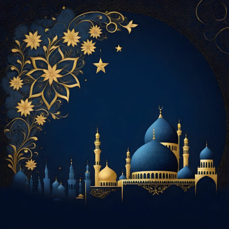 Islamic blue and golden mosque with floral design background