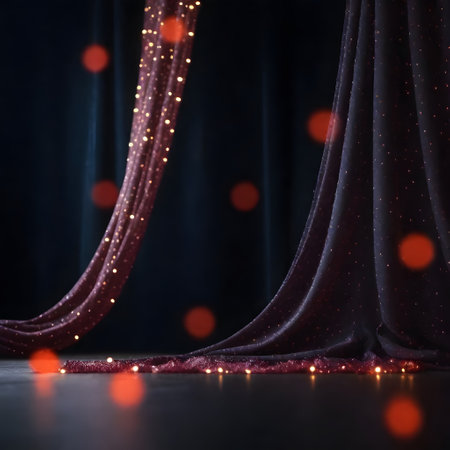 Curtain with red lights and bokeh effect on dark backgroundの写真素材