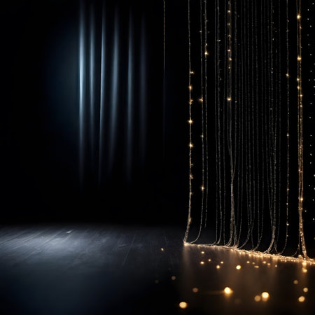 Stage with golden curtains and spotlights, 3d render illustration.の写真素材