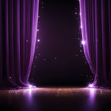 Purple stage curtain with spotlightsの写真素材