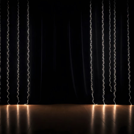 Curtain with light effects on black background.