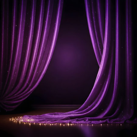 Purple stage curtain illuminated with spotlights.の写真素材