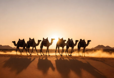Camels in the desert at sunsetの写真素材