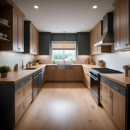 Kitchen interior with built in appliances and wooden cabinets.