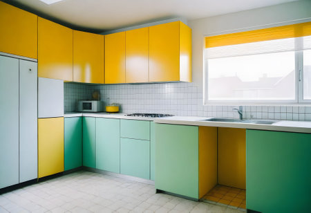 interior of modern bright kitchen with yellow and green cabinets and cookerの写真素材