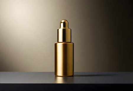 Golden cosmetic bottle on black table. 3d rendering mock up.の写真素材