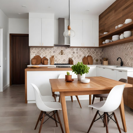 interior of modern kitchen in new house, dining table and chairsの写真素材