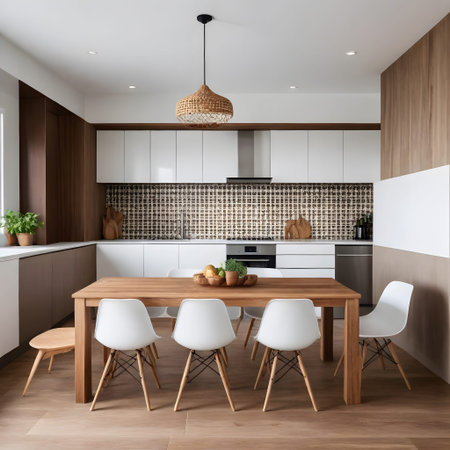 Interior of modern kitchen with white and brown walls, wooden floor, white cupboards and wooden table with chairs.の写真素材