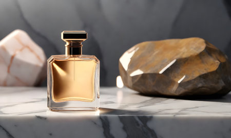 Perfume bottle on white marble table,の写真素材