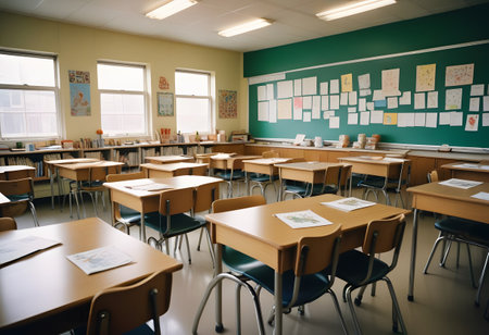 Classroom with empty desks and chairs in a primary school. Selective focus.の写真素材