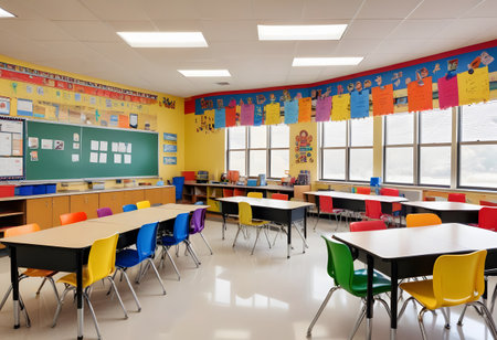 A school classroom with many colorful chairs and tables.の写真素材