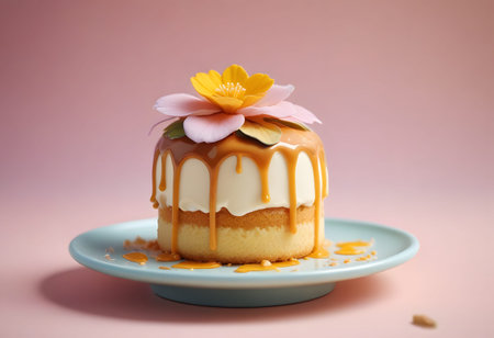 Delicious cake with caramel and flower on the plate, pink background