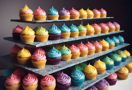 Colorful cupcakes in row on black background. Toned.の写真素材