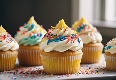 Cupcakes with buttercream frosting and colorful sprinkles.