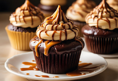 Chocolate cupcakes with caramel on top. Shallow dof.の写真素材