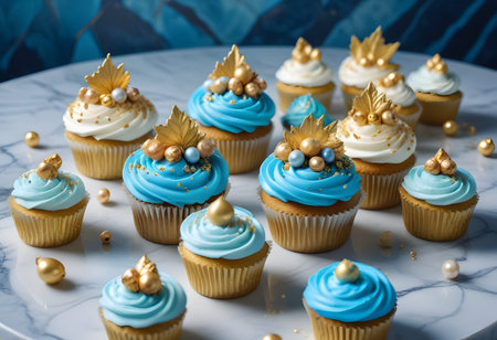 Cupcakes with blue buttercream frosting and golden crowns