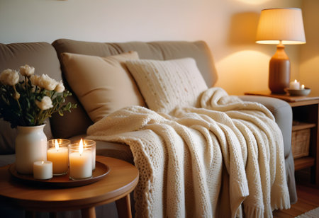 Cozy living room interior with beige sofa, candles and plaidの写真素材