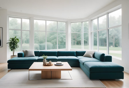 Interior of modern bright living room with green sofa 3D rendering