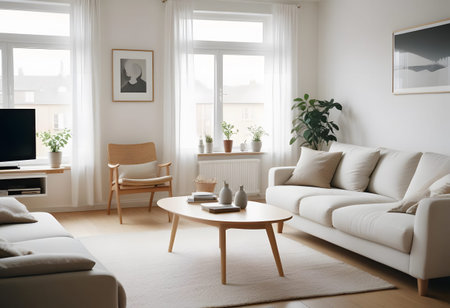 Modern living room interior with white sofa, coffee table and armchair