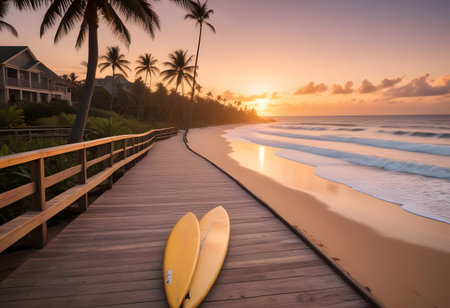 Beautiful sunset at the beach with surfboard and palm trees.の写真素材