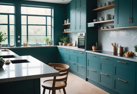 interior of modern kitchen in green color. 3d rendering mock up
