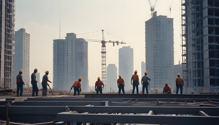 Labour Day  Engineer works on the building roof under constructionの写真素材