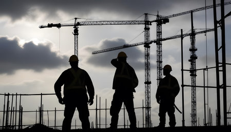 Labour Day  Engineer works on the building roof under constructionの写真素材